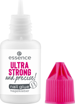 Essence Ultra Strong Nail Glue w białej butelce z wąskim aplikatorem i osobną różową zakrętką, widok z przodu.