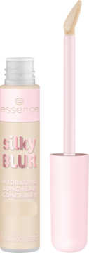 Essence Silky Blur nawilżający korektor w beżowej butelce z różową zakrętką, wyjęty aplikator.