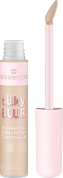 Essence Silky BLUR hydratujący korektor w beżowej butelce z różową nakrętką i wyciągniętym aplikatorem.