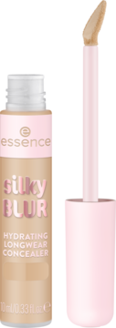 Essence Silky Blur Hydrating Longwear Concealer, beżowa butelka z różową nakrętką i wyjętym aplikatorem.