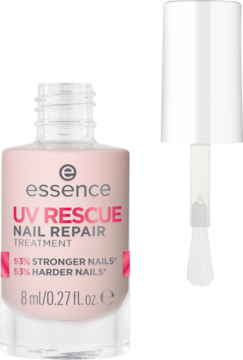 Essence UV RESCUE jasnoróżowa kuracja do paznokci, butelka z otwartym aplikatorem, widok z przodu.