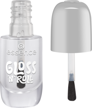 Przezroczysty lakier essence GLOSS 'N' ROLL z żelowym połyskiem, butelka z odkręconym białym wieczkiem i pędzelkiem.