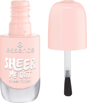 Otwarta butelka lakieru Essence 04 SHEER ME OUT w delikatnym brzoskwiniowym odcieniu, z widocznym pędzelkiem.