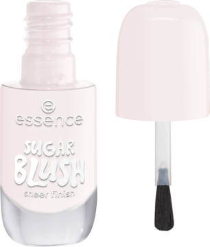 Delikatnie różowy lakier Essence Sugar Blush sheer finish, otwarta butelka, widoczny aplikator.