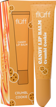 Fluff Candy Lip Balm Crumbl Cookie w beżowej tubce i pudełku z grafiką ciasteczek, widok z przodu.