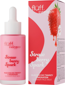 Różowe Fluff Strawberry Spark Mleczko do Twarzy z Brokatem w butelce z pipetą i pudełko, widok przodu.
