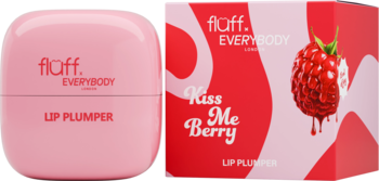 Różowy lip plumper Fluff. Everybody i czerwono-białe opakowanie Kiss Me Berry z malinami, widok z przodu.