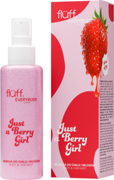 Fluff Just a Berry Girl, różowa, błyszcząca mgiełka do ciała i włosów z atomizerem i pudełkiem w truskawki.