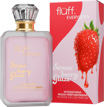 Fluff Strawberry Glaze, różowa woda perfumowana w butelce z fasetowanym korkiem, obok pudełka z truskawką.