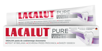 Lacalut Pure White pasta do zębów, tubka i kartonik z grafiką zęba, widoczne benefity: wybielanie, ochrona.