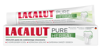 Lacalut Pure Herbal pasta do zębów z 8 ziołami, w białej tubce i pudełku, widok pod kątem, z grafiką zęba.