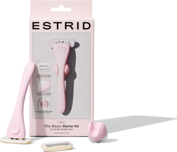 Różowy zestaw startowy Estrid z maszynką, stojakiem i opakowaniem, widok z przodu, na jasnym tle.