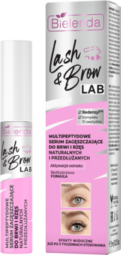 Bielenda Lash & Brow Lab multi-peptydowe serum zagęszczające do brwi i rzęs, w tubce obok różowego opakowania.