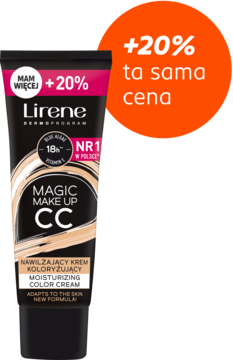 Nawilżający krem CC Lirene Magic Make Up CC w czarnej tubce, z beżowymi pasami, +20% więcej produktu.