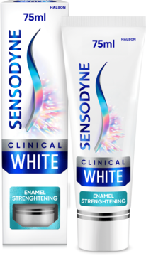 Pasta do zębów Sensodyne Clinical White Enamel Strengthening 75ml, biała tubka i pudełko, widok z przodu.
