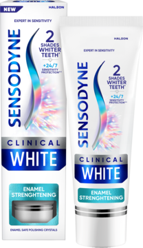 Sensodyne Clinical White pasta do zębów, widok z przodu tubki i pudełka na ciemnym tle, wzmocnienie szkliwa.