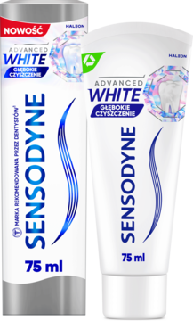 Sensodyne Advanced White pasta do zębów, 75 ml, widok z przodu na tubkę i opakowanie z napisem GŁĘBOKIE CZYSZCZENIE.