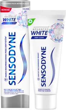Pasta Sensodyne Advanced White Deep Clean, biała tuba i pudełko z niebieskimi akcentami i holograficznym zębem.