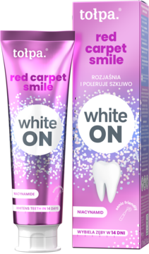Tołpa Red Carpet Smile White ON, wybielająca pasta do zębów, różowa tubka i pudełko z brokatem, w 14 dni.