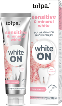 Tołpa sensitive & mineral white, łagodnie wybielająca pasta bez fluoru z CICA i solą. Tubka i pudełko, przód.