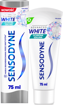 Kartonowe opakowanie i biała tubka pasty Sensodyne Advanced White Ochrona Szkliwa 75 ml, widok z przodu.
