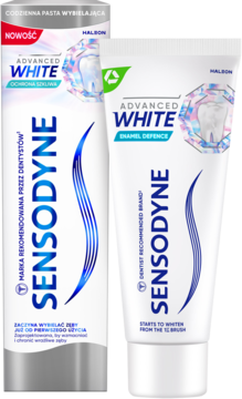 Sensodyne Advanced White Enamel Defence pasta wybielająca, biała tuba i karton, widok przód, częściowo zasłonięta.