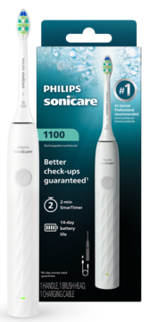 Biała, akumulatorowa szczoteczka soniczna Philips Sonicare 1100 z opakowaniem, widok z przodu. Bateria 14 dni.