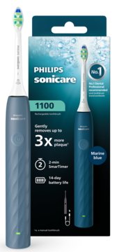 Elektryczna szczoteczka Philips Sonicare 1100 marine blue obok opakowania, eksponujące funkcje usuwania płytki.
