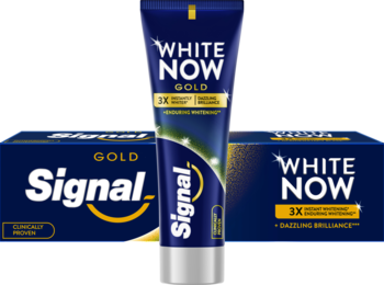 Signal White Now Gold pasta do zębów, tubka i dwa opakowania, 3x bielszy uśmiech, instant whitening, na niebieskim tle.