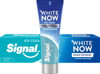 Signal White Now Ice Cool pasta w niebieskiej tubce z lodową grafiką, z dwoma pudełkami w tle. Natychmiastowe wybielanie.