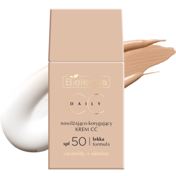 Bielenda CC Daily nawilżająco-korygujący krem CC SPF 50 w beżowej butelce, widok z boku z próbkami.