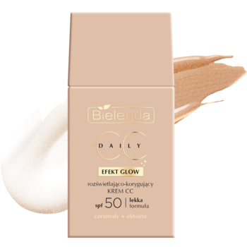 Beżowy krem CC Bielenda Daily SPF 50 matujący i korygujący, z efektem glow, widok z przodu, obok próbki.