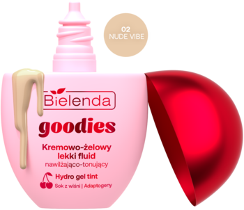 Bielenda goodies Kremowo-żelowy fluid 02 Nude Vibe w różowej butelce z otwartą czerwoną nakrętką.