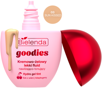 Bielenda Goodies Hydro Gel Tint, fluid tonujący 03 SUN KISSED, różowa butelka z pompką i kroplą, otwarta wiśnia.