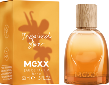 Butelka Mexx Inspired Glow EDP 50ml z recyklingu i pomarańczowe pudełko, widok z przodu.