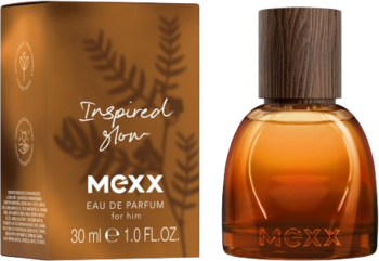 Woda perfumowana MEXX Inspired Glow 30ml dla dzieci, brązowe pudełko i bursztynowa butelka z drewnianym korkiem.