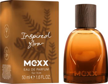 Bursztynowa butelka MEXX Inspired Glow męskiej wody perfumowanej obok brązowego pudełka z roślinnym wzorem.