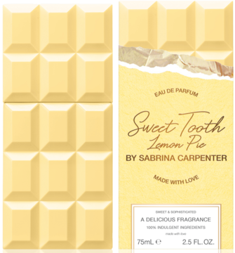 Sweet Tooth Lemon Pie, perfumy Sabrina Carpenter. Żółte opakowanie z motywem białej czekolady, widok z przodu.