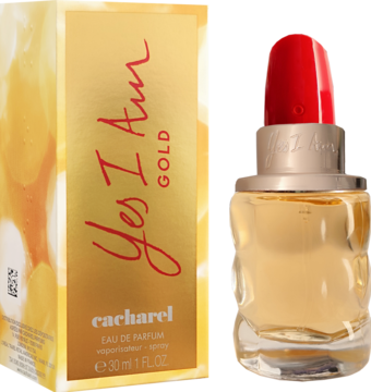Złote perfumy Cacharel Yes I Am Gold EDP: błyszczące pudełko i flakon w kształcie szminki z czerwoną nasadką.