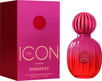 Perfumy The Icon Supreme Banderas: różowa butelka z żebrowanym korkiem i gradientem, obok prostokątne pudełko.