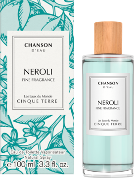 Białe pudełko i flakon damskiej wody toaletowej Chanson D'eau Neroli 100 ml z drewnianym korkiem.