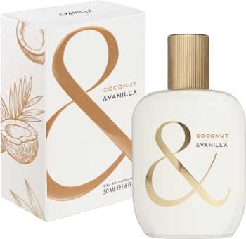 Woda perfumowana Coconut & Vanilla. Biała butelka ze złotym & i pudełko z ilustracją kokosa, widok z przodu.