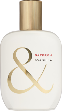 Biały flakon zapachu Saffron & Vanilla z złotym, ryflowanym korkiem, dużym złotym & i czerwonym napisem, widok z przodu.