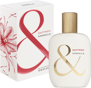 Woda perfumowana &Vanilla Saffron w białej butelce i pudełku z czerwonym '&' logo, widok z przodu.