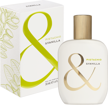 Woda perfumowana &Vanilla Pistachio 50ml dla kobiet, biały flakon i pudełko z zielonym i złotym & znakiem. Gourmand.