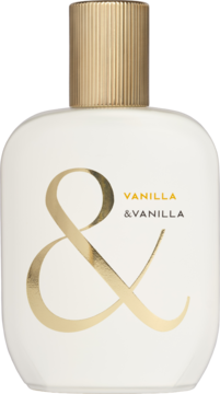 Woda perfumowana Vanilla & Vanilla, biała butelka ze złotym '&' i ryflowaną zakrętką, widok z przodu.