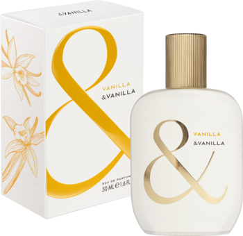 Biała woda perfumowana &Vanilla Vanilla dla kobiet, flakon ze złotym "&" obok pudełka z waniliowymi grafikami.