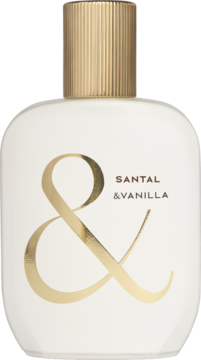 Kremowy flakon perfum Santal & Vanilla, ze złotą, prążkowaną zakrętką i dużym & symbolem, widok z przodu.