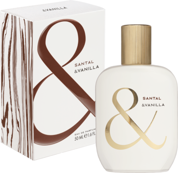 Santal & Vanilla Eau de Parfum, biała butelka i pudełko z dużym złotym '&'. Drzewno-waniliowy zapach.