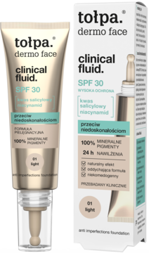 Tołpa Dermo Face Clinical Fluid SPF 30, podkład 01 Light przeciw niedoskonałościom, beżowa tubka z pompką i pudełko.
